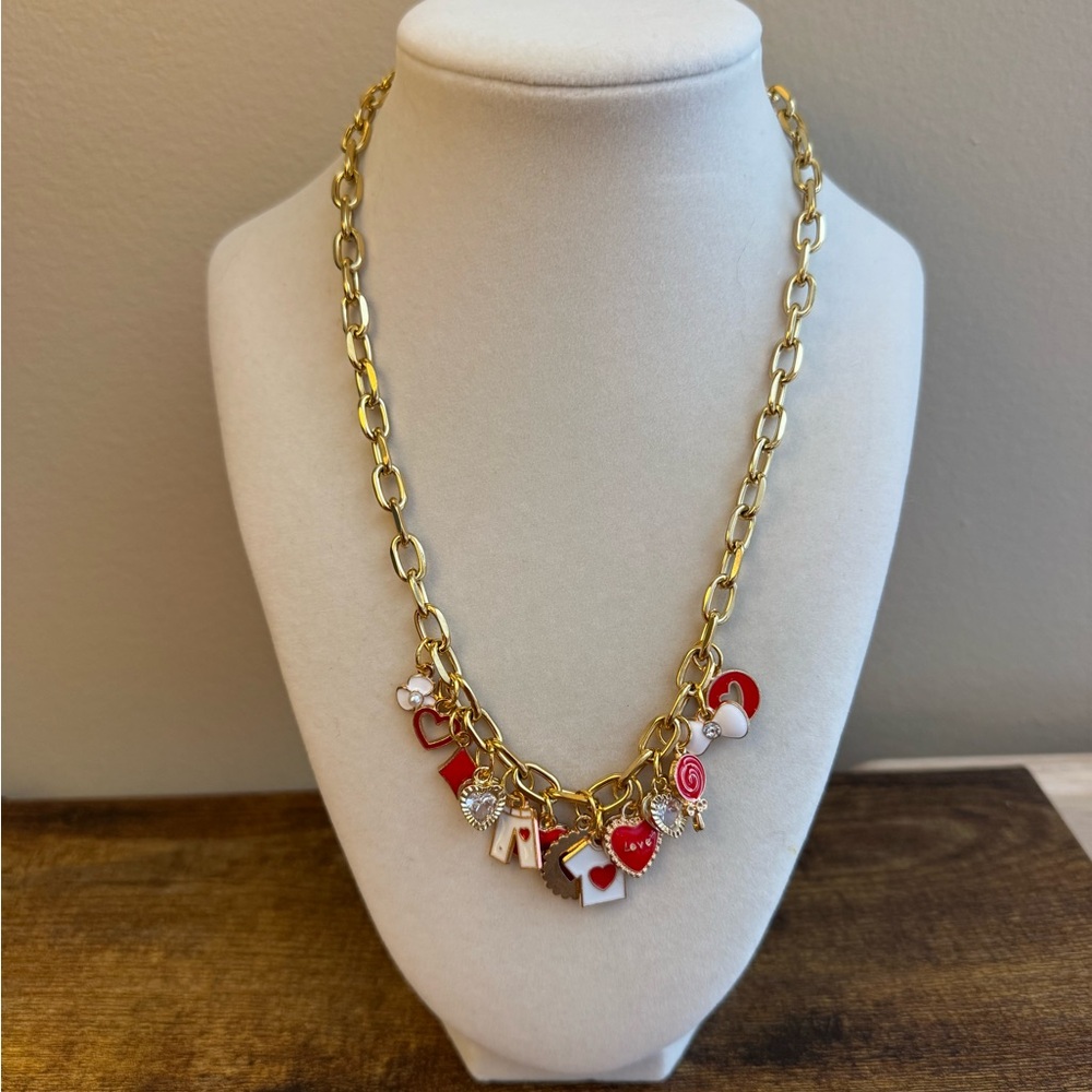 Handmade Gold Charm Necklace Chunky Chain Hearts Valentine Lovecore Statement